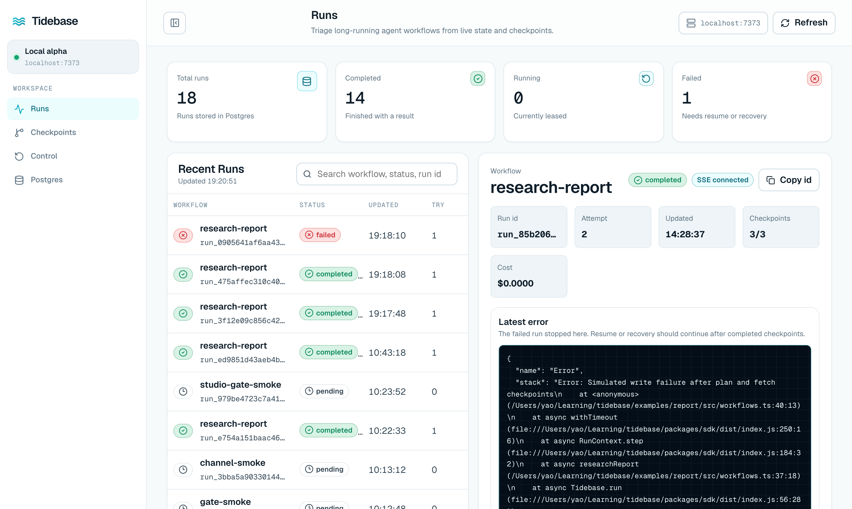 Tidebase Studio — runs list and trace view